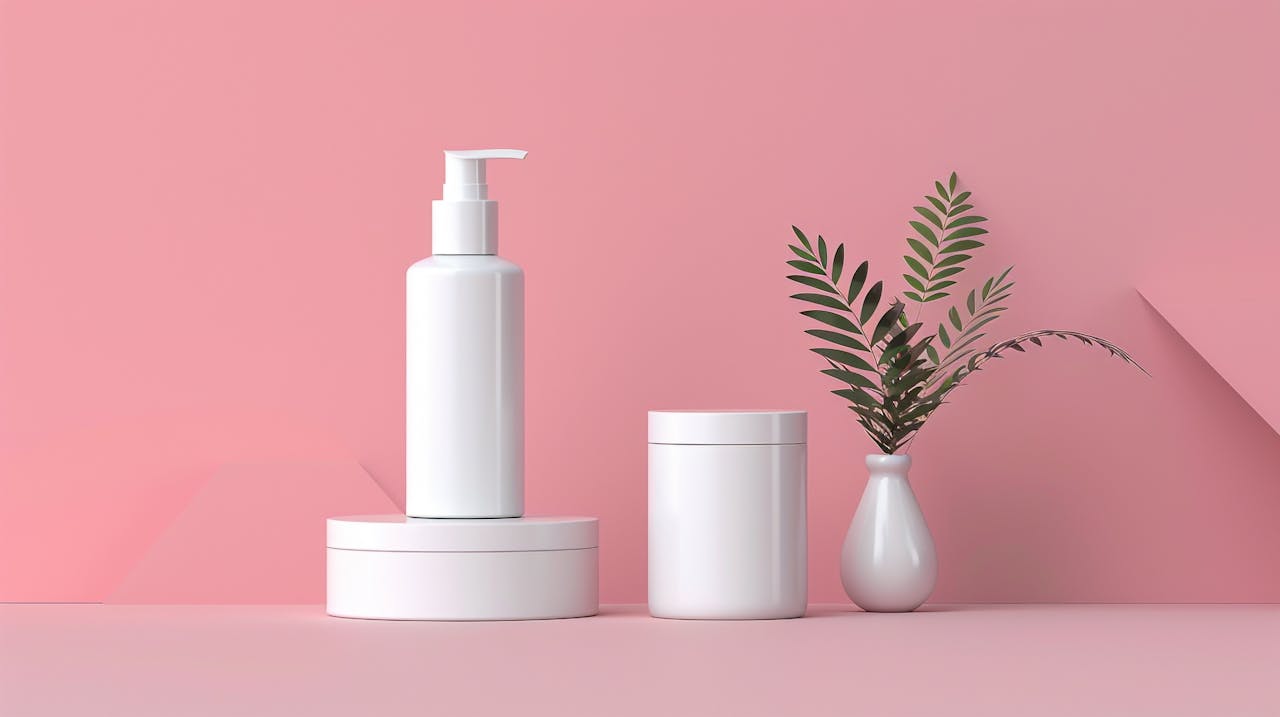 hero-gallery-03 White cosmetic containers and small vase on a pink background showcasing modern design and simplicity.